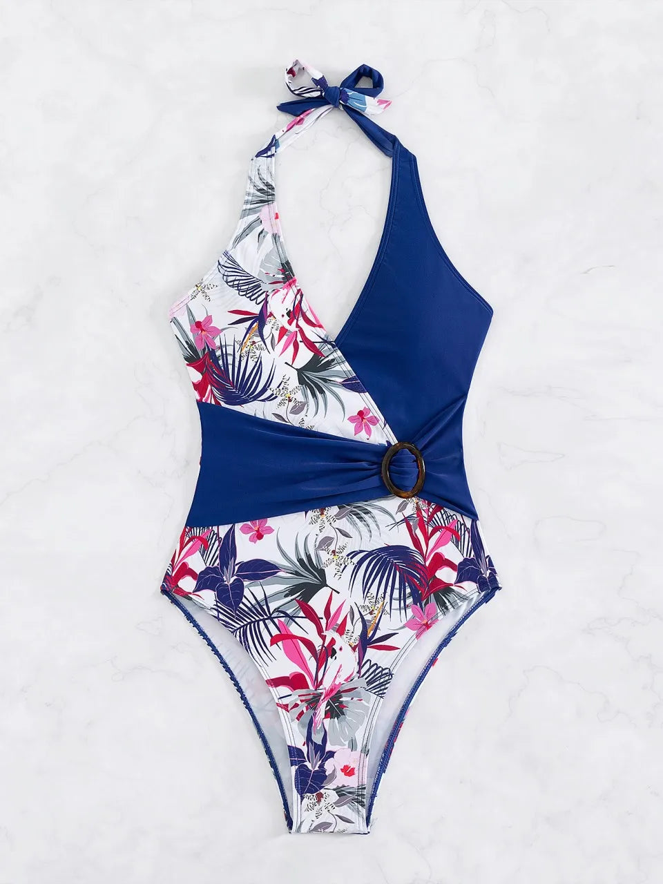 Halter Swimsuit Women One Piece Patchwork Backless Swimwear Female Monokini Bathing Swimming Suit Padded Beachwear