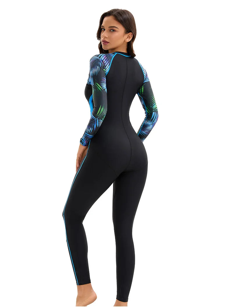 Women's One-Piece Islamic Modest Swimwear - Long Sleeve & Pants Full-Zip Tropical Print Style, Full Coverage Stylish Swimwear