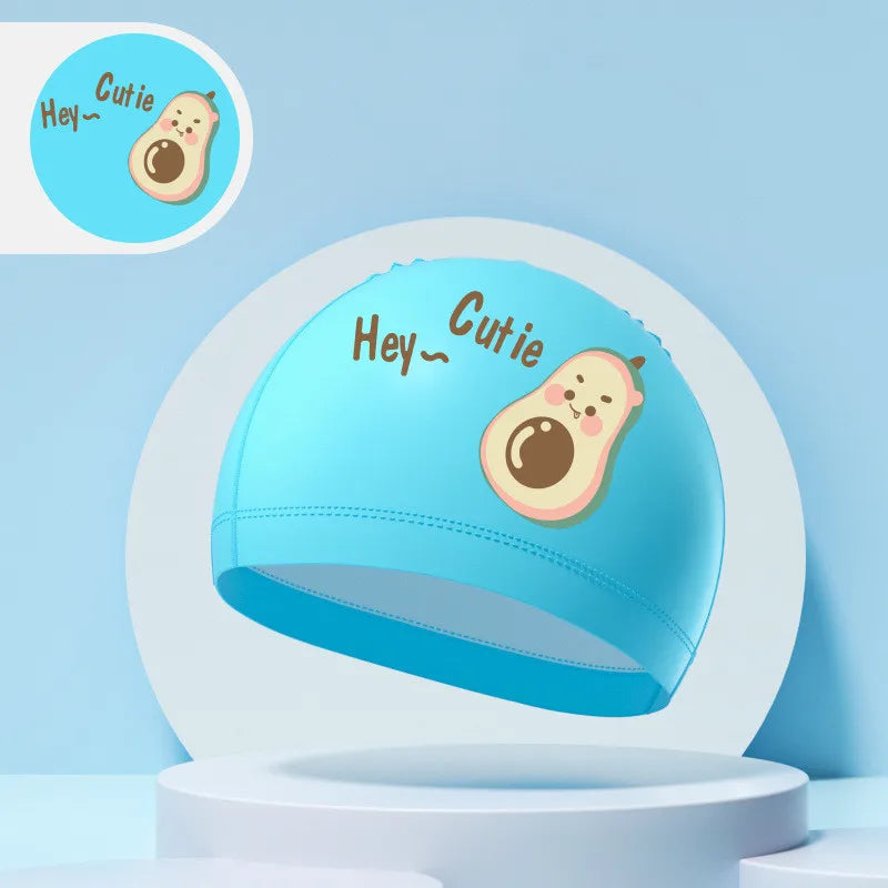 Children's Swimming Caps Boys Girls Kids Cartoon Swim Hat High Elastic Ear Protection PU Waterproof Swimming Cap