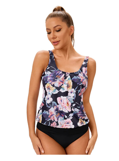Flower Print Women's Tankini 2 Piece Sports Vest Swimsuit U-Neck Conservative Swimwear Bathers