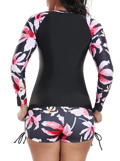 Floral Long Sleeve Surfing Swimsuit Women Two Pieces Zipper Swimwear Female Bathers Bathing Swimming Swim Suit Beachwear