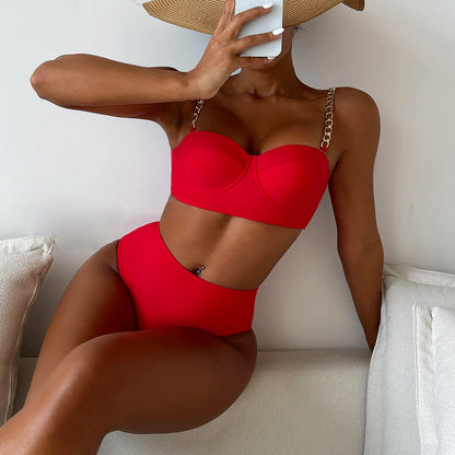 Chain Strap Bikinis  Women Solid Push Up Swimsuit High Waist Swimwear Female  Bathing Suit Swimming Summer Beachwear