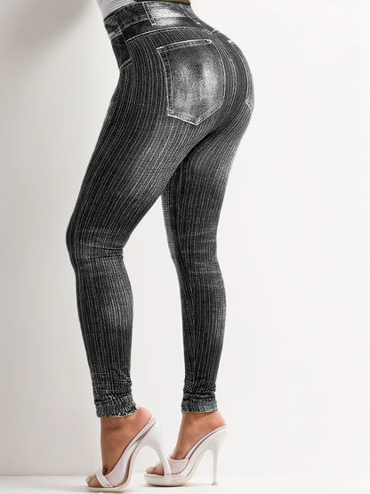 Plus size women's leggings with denim print and line pattern, showcasing a fashion-forward and casual high-stretch knitted pants