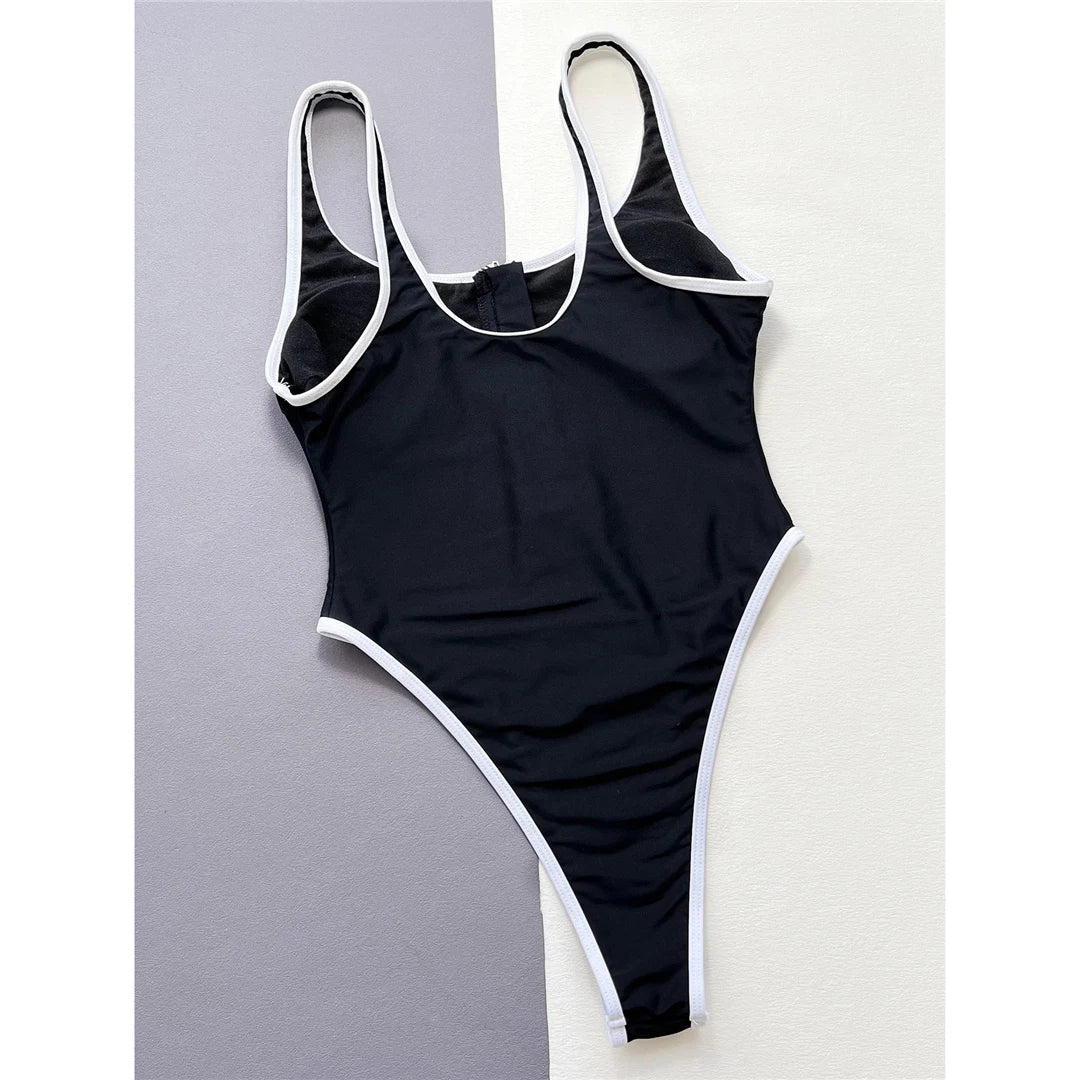 High Leg Cut Zipper Splicing Women Swimwear One Piece Swimsuit Female Padded Bather Bathing Suit Swim Lady
