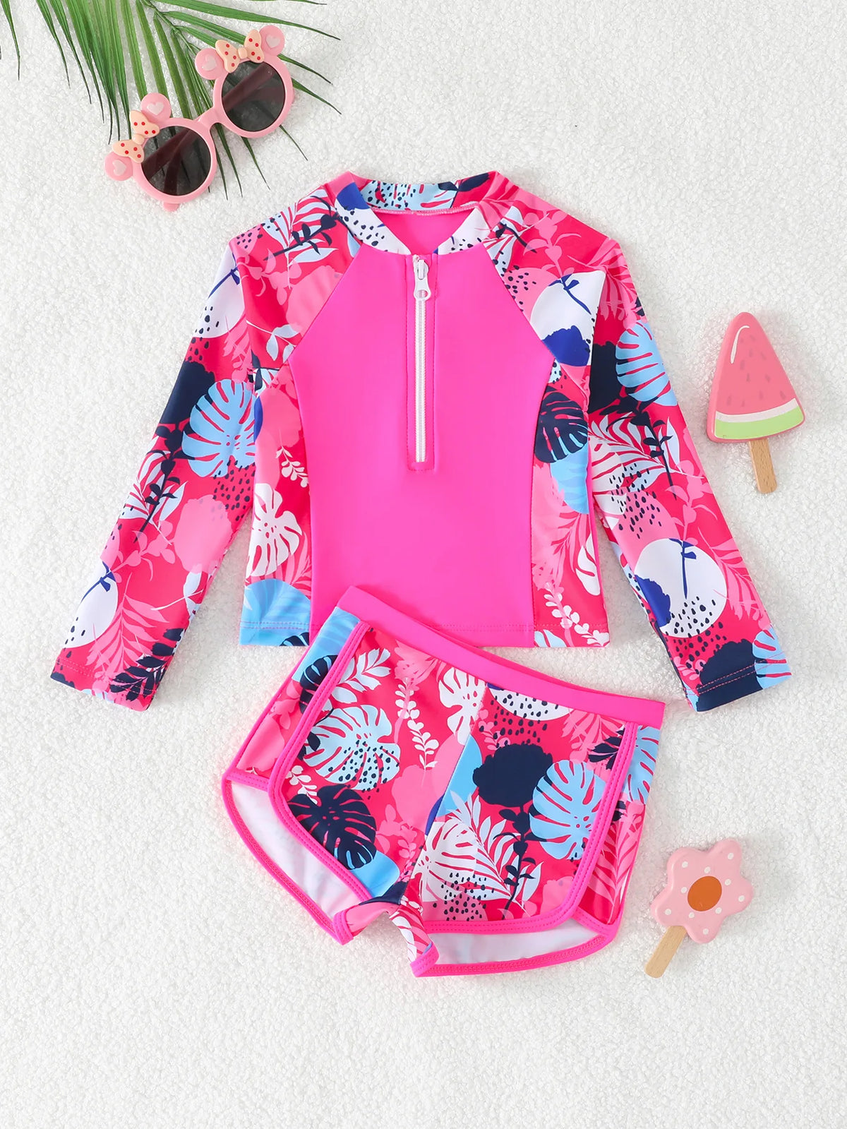 Girls Two Piece Swimwear Long Sleeve Rash Guard Shirts Quick-Dry Bathing Suit Summer Beach Wear Kids Swimsuit Toddler Bikini