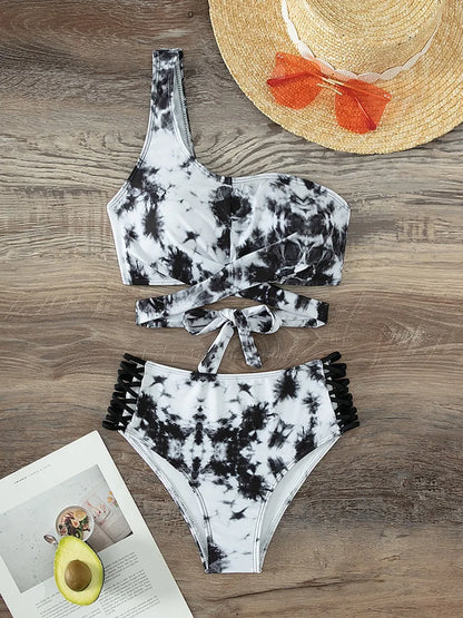 One Shoulder Bandeau Bikini Women Tie Dye Swimwear Female High Waist Swimsuit Bathers Bathing Swimming Suit Beachwear
