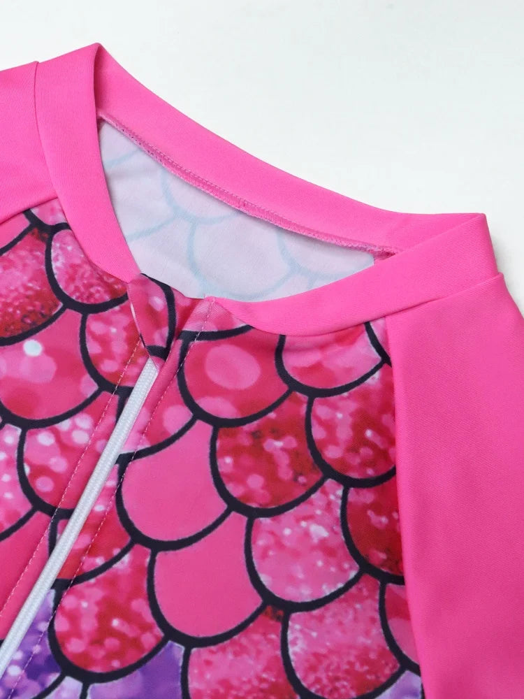 One Piece Girls Swimsuit Solid Print Long Sleeves Zipper Kids Swimwear Bodysuit Children Bathing Suit Beach Wear Summer