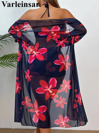 S - XL Long Sleeve Cover Up Flowers Bikini Female Swimsuit Three-pieces Bikini set Women Swimwear Bather Bathing Suit Swim