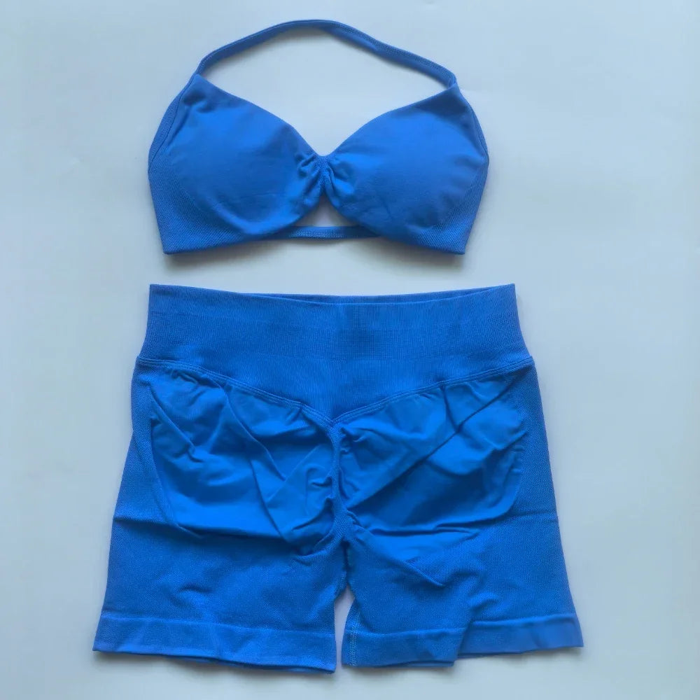 2PCS Gym Set Women Strappy Yoga Bra Top High Waist Workout Scrunch Shorts Sports Suit Seamless Yoga Set Fitness Clothes