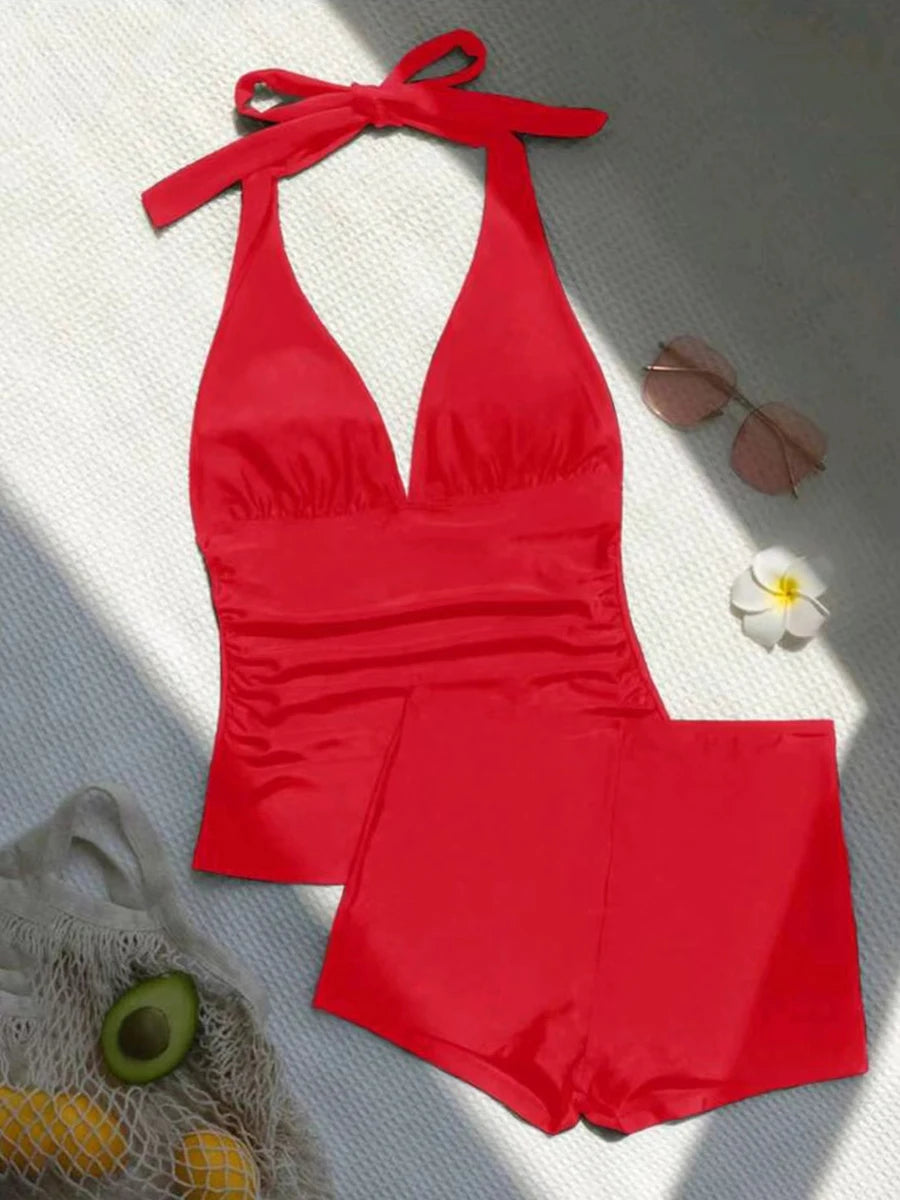 Halter Tankini Solid Swimsuit Women High Waist Swimwear Female Padded Bathing Swim Suit Swimming Beachwear Summer