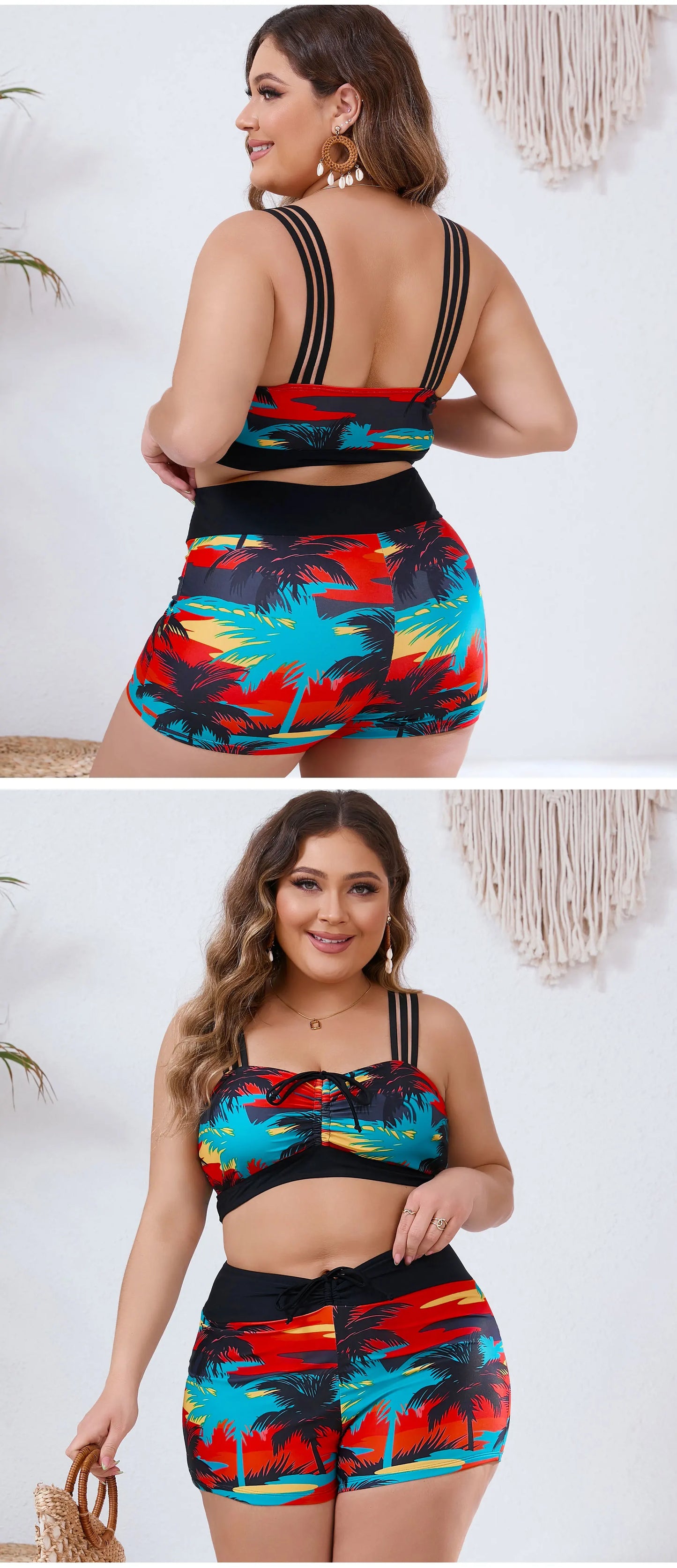Print Strapped 2 Piece Plus Size Bikini Women High Waist Curvy Swimsuit Brazilian Lady Beach Big Bathing Suit