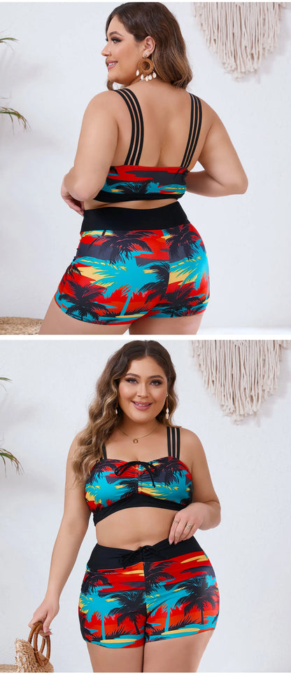 Print Strapped 2 Piece Plus Size Bikini Women High Waist Curvy Swimsuit Brazilian Lady Beach Big Bathing Suit