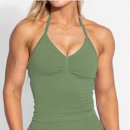 D-impact V Neck Gym Top Yoga Bra Longline Halter Women Seamless Sports Running Tank Fitness Workout Active Wear