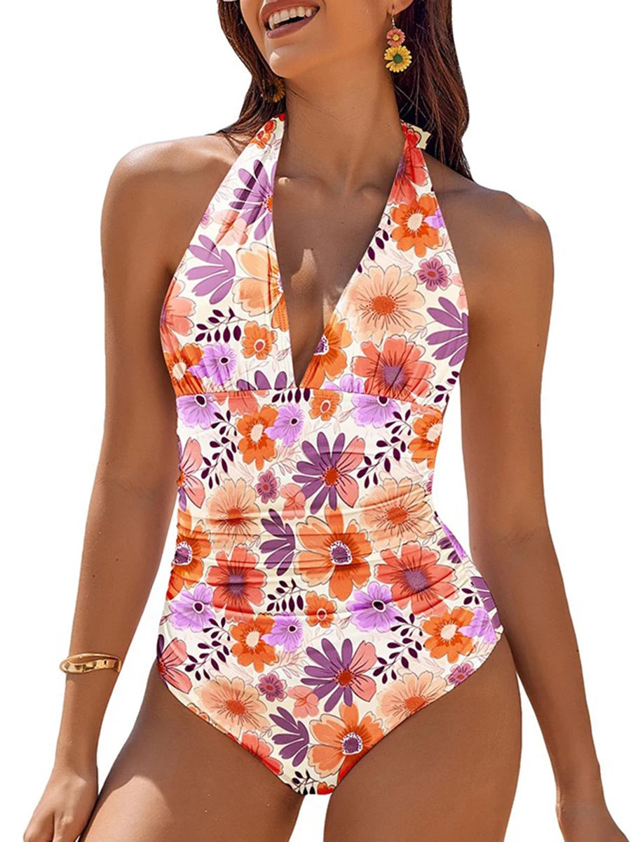 Leopard Swimsuit Women One Piece Halter Swimwear Female Solid Backless Bathers Bathing Swimming Swim Suit Beachwear