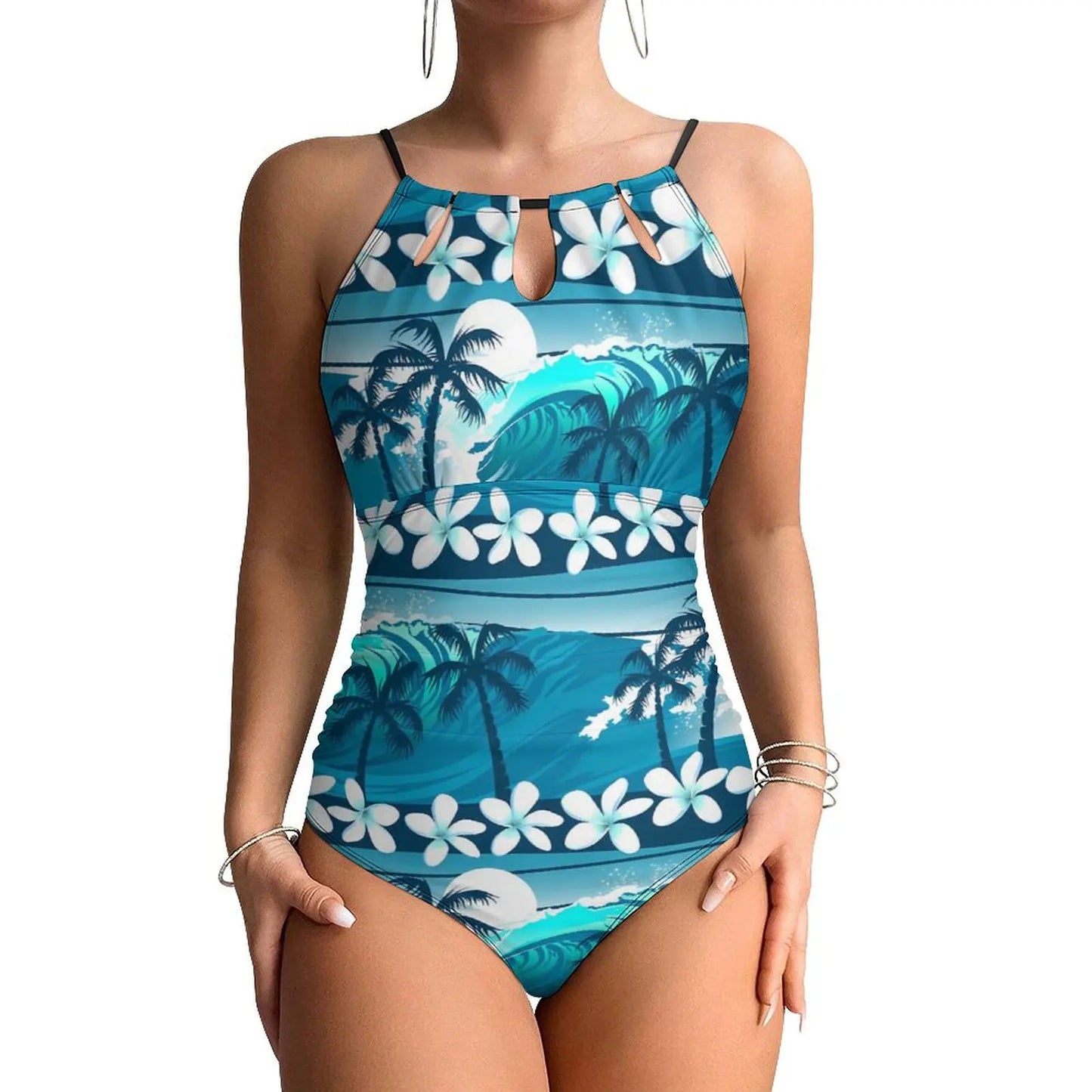 Neon Palm Trees Swimsuit Plant Print Swimwear One Piece Beach Swimsuits Sleeveless Bathing Suits Women Push Up Beach Wear