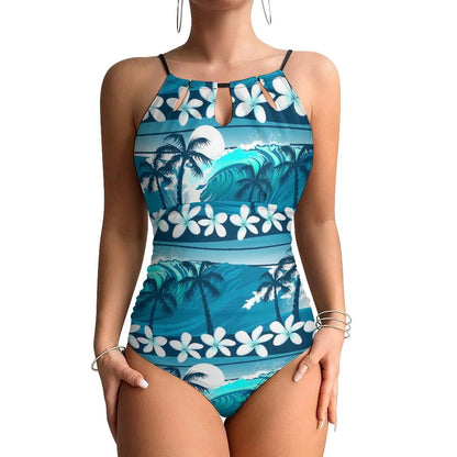 Neon Palm Trees Swimsuit Plant Print Swimwear One Piece Beach Swimsuits Sleeveless Bathing Suits Women Push Up Beach Wear