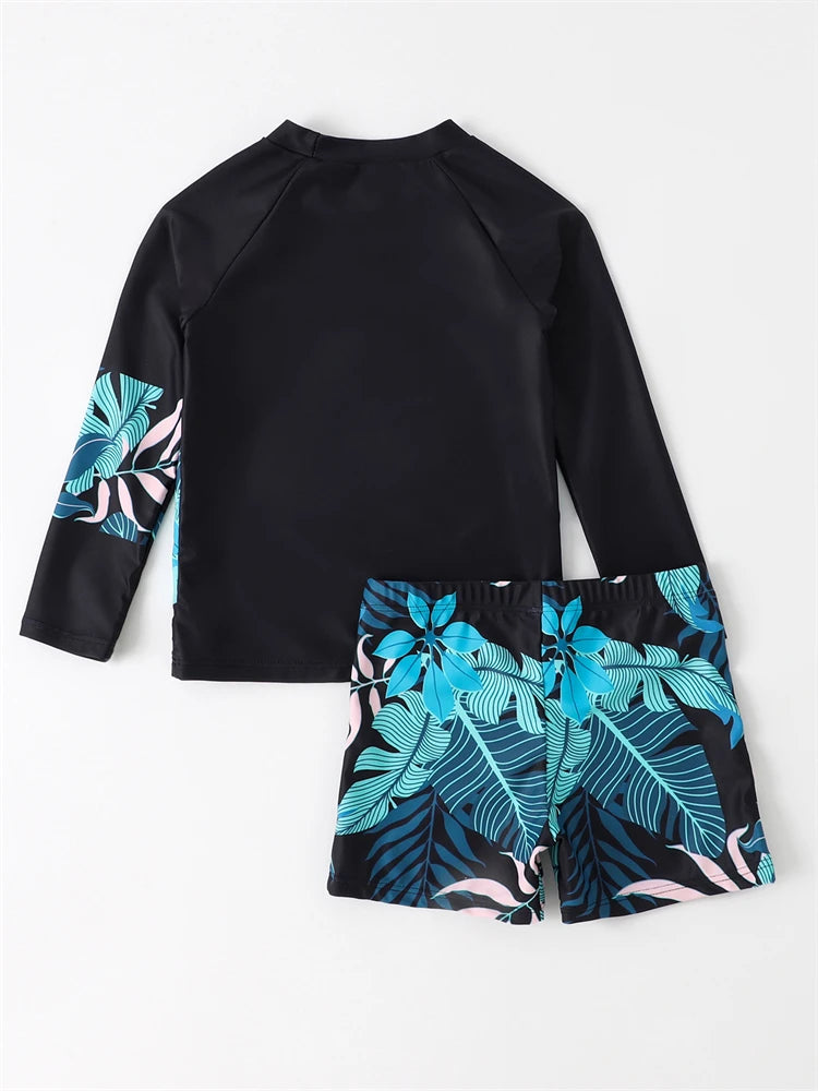 Boy Swimsuit Leaves Print Long Sleeve Children Swimwear Summer Two Piece Kids Beach Wear Swimming Bathing Suit Boys Men