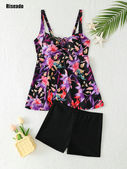 Women's Swimsuit Tankini Set Tummy Control Two Piece Bathing Suits with Sporty Swim Shorts Large Size