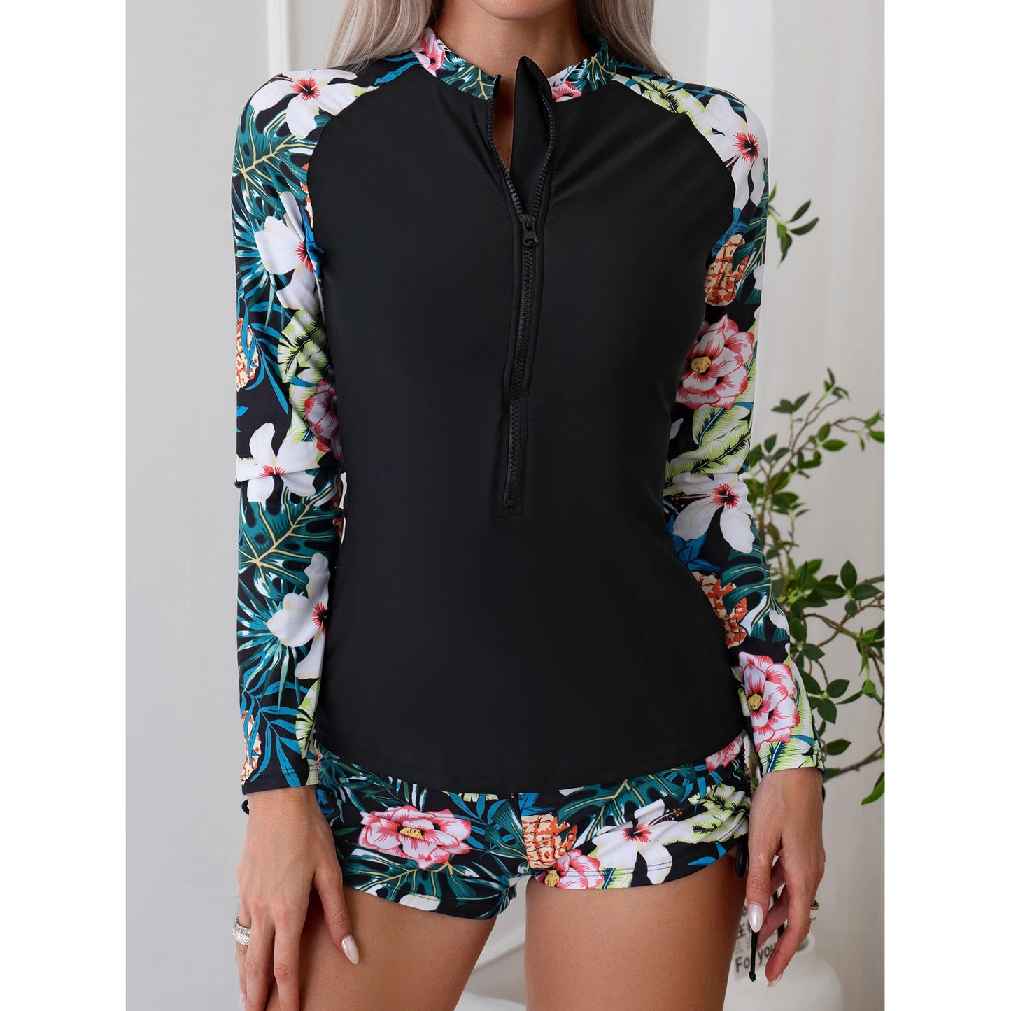 Long Sleeve Swimwear Zipper Two Piece Rash Guard Print Surfing Separate Swimsuit Swimming Suits High Neck Bathing Suit