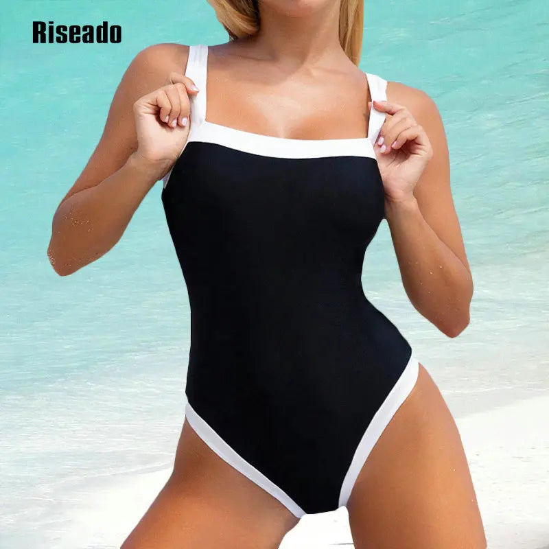One Piece Swimsuit Retro Bathing Suit Black with White Straps High Cut Bathers
