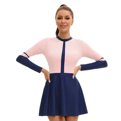 Rash Guard With Skirt Color Block Long Sleeve Swim Dress Set - Women's Modest Zippered Swimsuit with UPF Protection & Triangle Bottom Swimwear