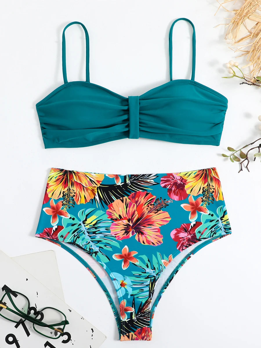 Solid Bandeau Bikini Set Women Tropical Printed Swimwear Female Push Up Swimsuit High Waist Bathing Suit Tie Back Beachwear