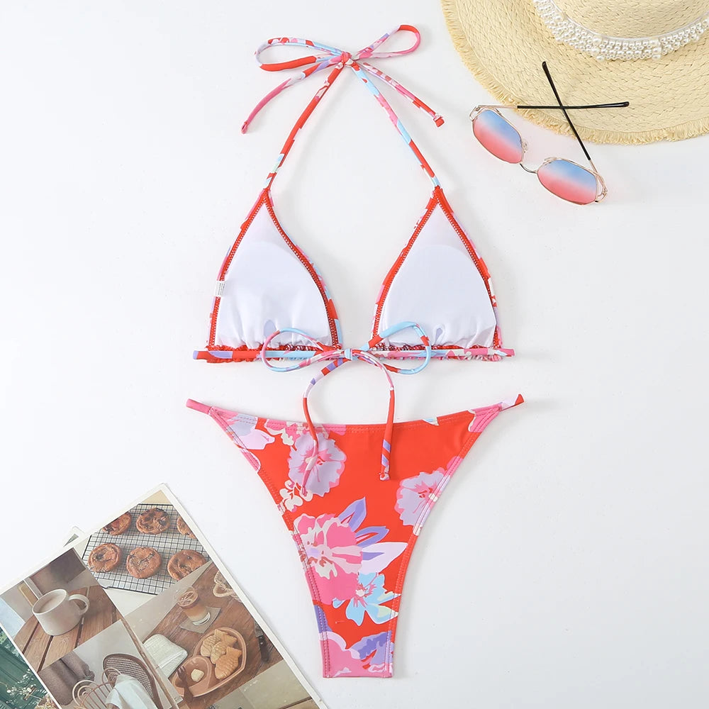 Halter Printed Bikini Women Thong Swimwear Female Triangle Swimsuit Bathers Bathing Swimming Swim Suit Beachwear Summer