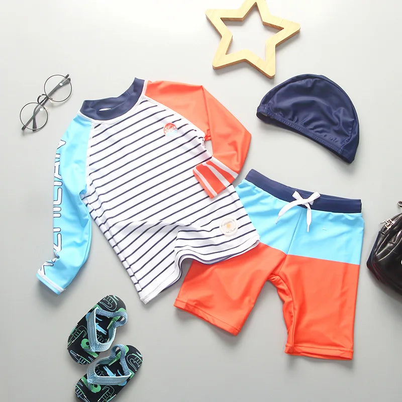 Boys' Stripe & Shark Long-Sleeve Rash Guard Set with Shorts & Cap