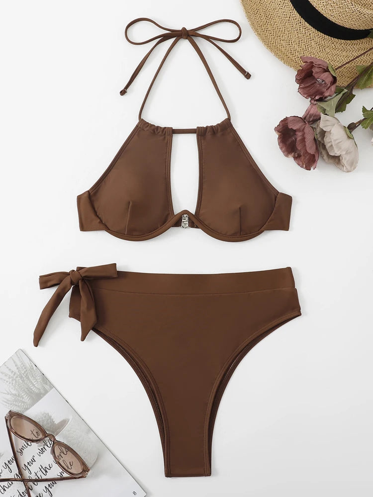 Solid Color Halter Swimwear Women Hollow Push UP Bikini Set High Waist Summer Swimsuit Backless Beach Bathing Suit
