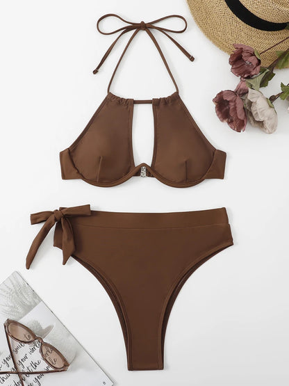 Solid Color Halter Swimwear Women Hollow Push UP Bikini Set High Waist Summer Swimsuit Backless Beach Bathing Suit