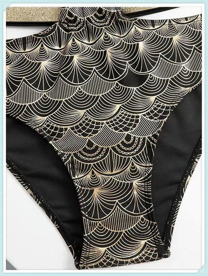 Metallic Stitch Strap Bikini  Women Push Up Gold print Swimsuit Female High Waist Swimwear Bathers Bathing Suit Beachwear