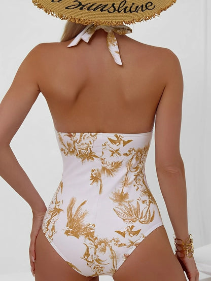Ruched Halter Swimsuit One Piece Swimwear Women Bathers Bathing Swimming Swim Suit Female Beachwear