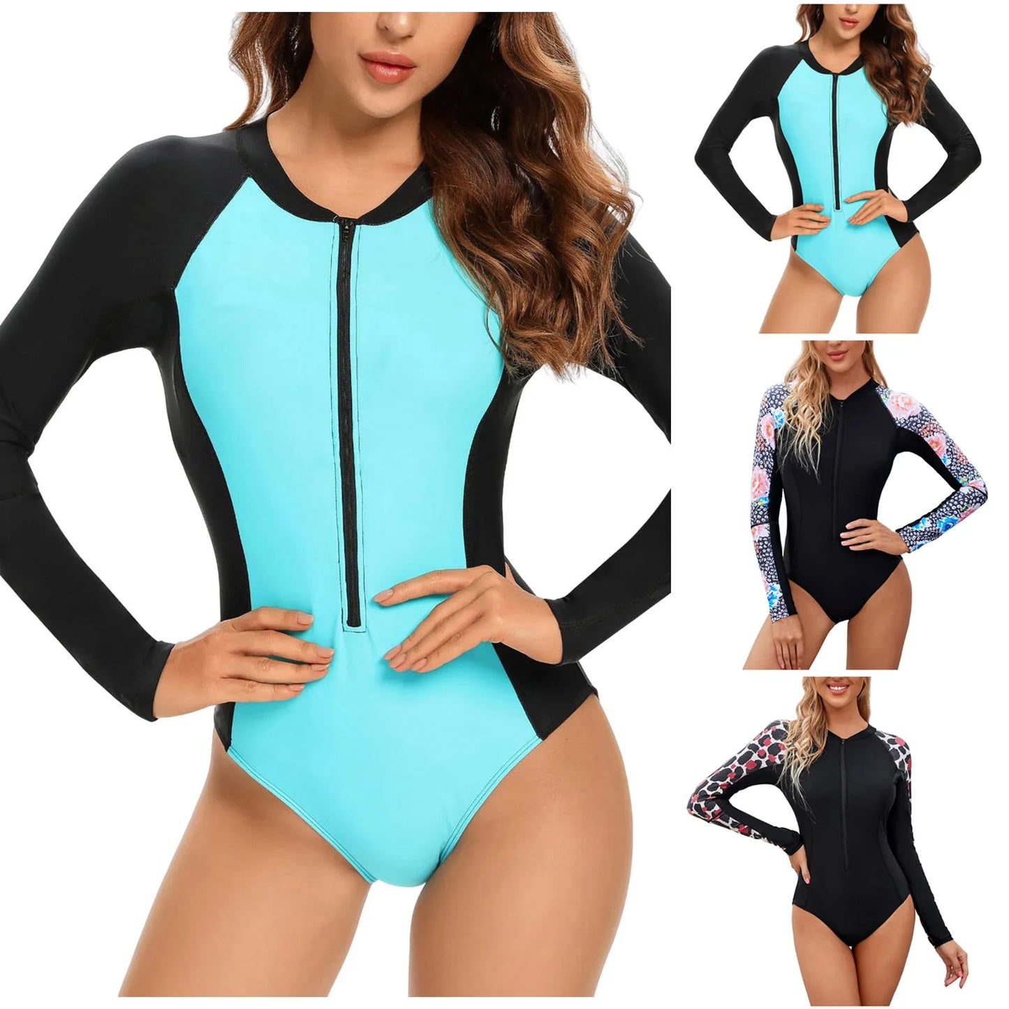 Women's Long Sleeve Rash Guard Zipper Printed Surfing Swimsuit Bathing Suit bathing suit woman