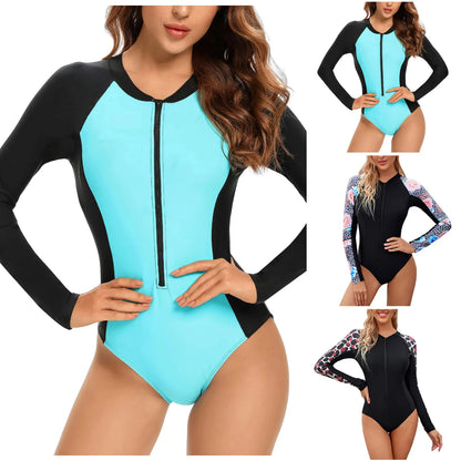 Women's Long Sleeve Rash Guard Zipper Printed Surfing Swimsuit Bathing Suit bathing suit woman
