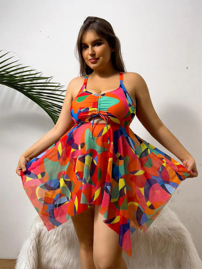 Color Print Strapped 2 Piece Plus Size Tankini Set Women Large High Waist Big Swimsuit Brazilian Lady Curvy Bathing Suit