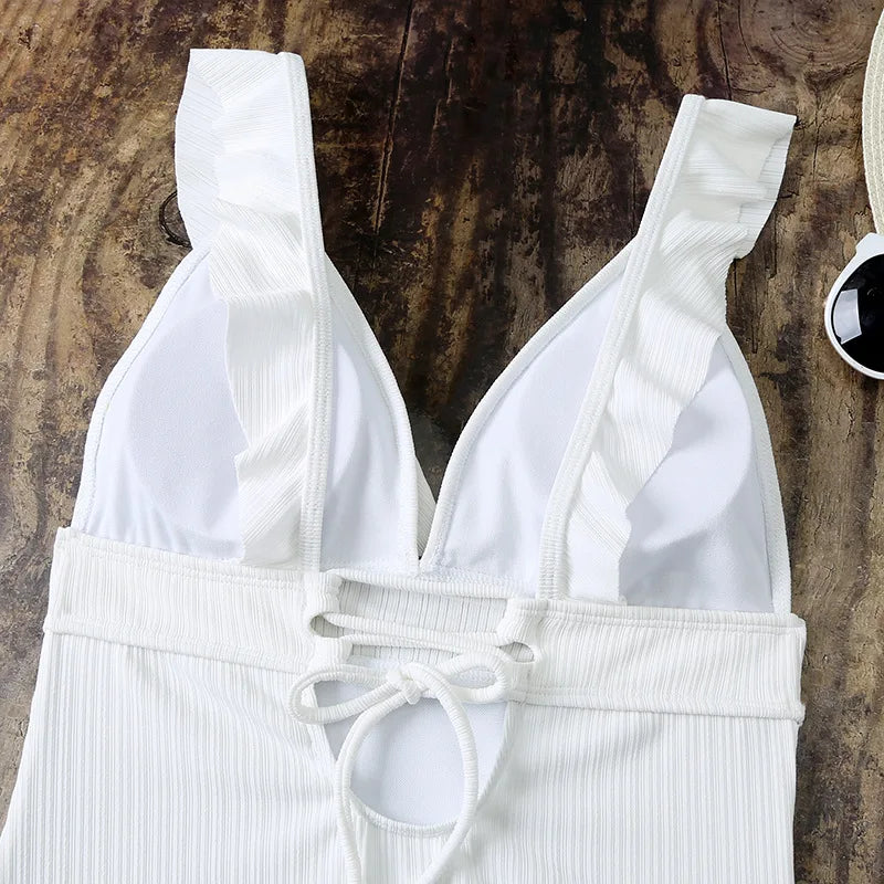 Ruffle Swimsuit One Piece Solid V-neck Backless Swimwear Women Bathing Swimming Swim Suit Female Padded Beach Wear Summer
