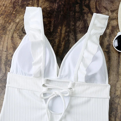 Ruffle Swimsuit One Piece Solid V-neck Backless Swimwear Women Bathing Swimming Swim Suit Female Padded Beach Wear Summer