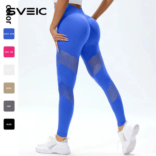 SVEIC Seamless Yoga Pants Hollow Leggings Fitness Women Workout Sportswear High Waist Leggings Push Up Tights Women Gym Clothing