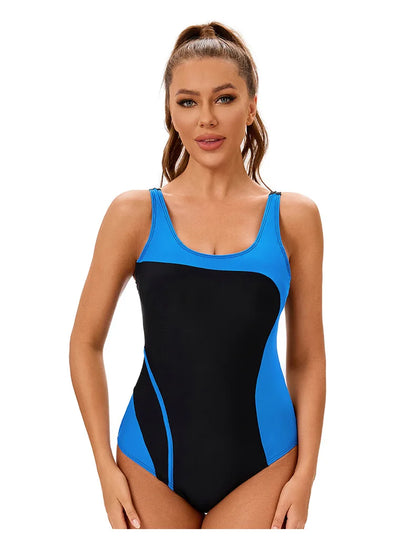 Color Block One-Piece Swimsuit Women's Backless High-Cut Bathing Suit with Tummy Control