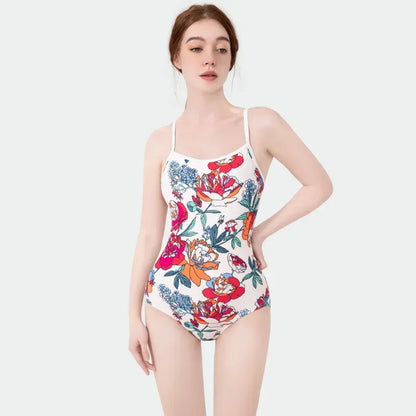 Women Vintage Racing One-piece Swimwear Sun Protection Professional Competition Flower Printed Swimsuit Training Bikini