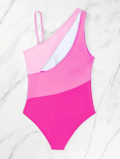 Colorblock Cut Out One Shoulder Swimsuit One Piece Swimwear Women Bather Bathing Swimming Swim Suit Female Beachwear