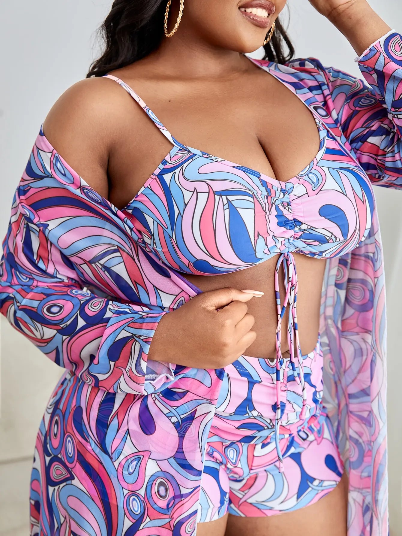 3 Pieces Large Size Bikini Printed Swimsuit Women & Kimono Drawstring Front Swimwear Female Bathing Swimming Suit Beachwear