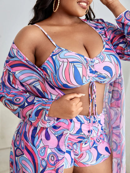 3 Pieces Large Size Bikini Printed Swimsuit Women & Kimono Drawstring Front Swimwear Female Bathing Swimming Suit Beachwear