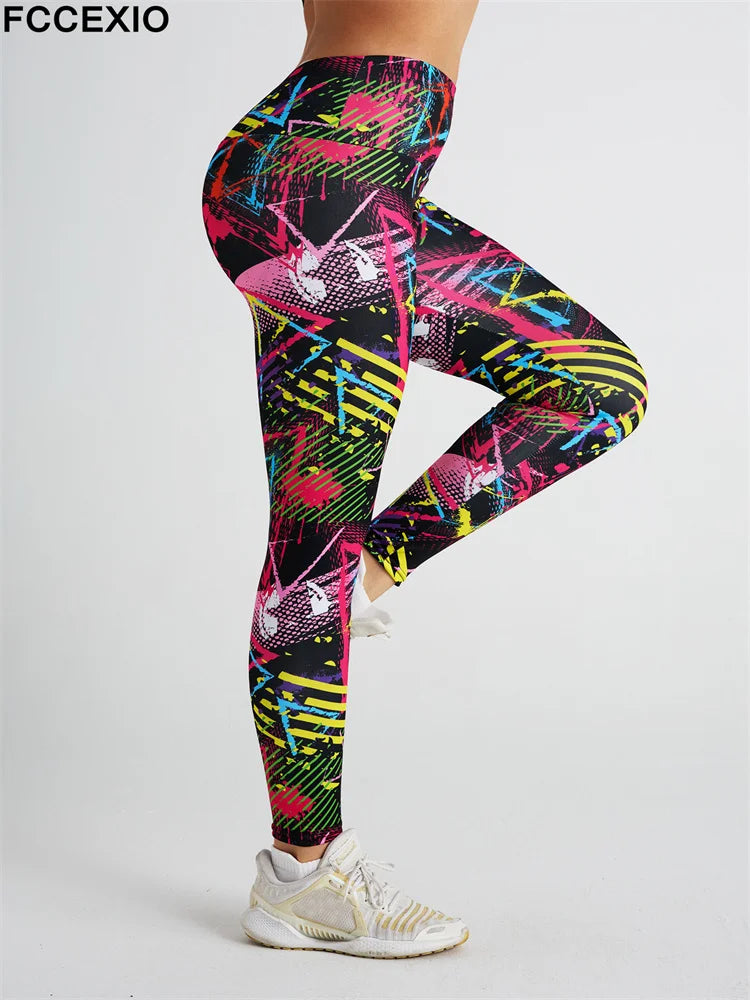 FCCEXIO Rendering Tie Dye Lines Print Women Pants Push Up Running Sports Leggings Slim Pants Casual Fitness Trousers