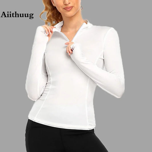 Long Sleeve Yoga Shirt with Half Zip Slim Waist Line Sports Shirts Fashion Half Zipper Thumb Hole Soft Light Gym Tops