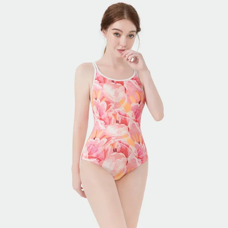 Women Flower Printed One-piece Racing Competition Swimsuit Fashion Sun Protection High Stretch Training Professional Swimwear
