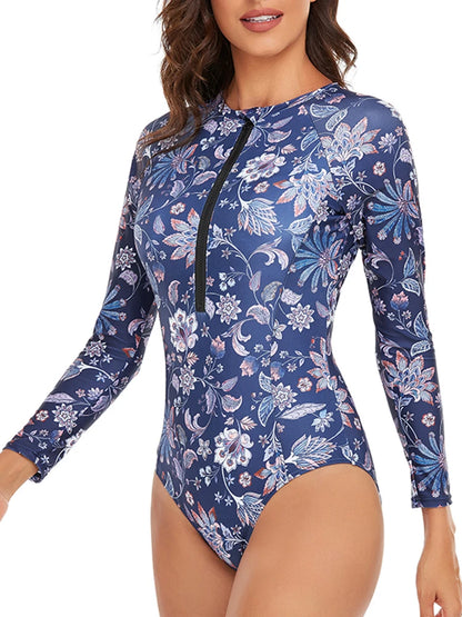 Half Zipper Surfing Swimsuit One Piece Long Sleeve Bathing Suit Women Printed Plus Size Swimwear Women Rashguard Diving XXL
