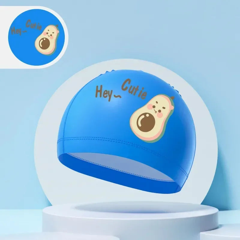 Children's Swimming Caps Boys Girls Kids Cartoon Swim Hat High Elastic Ear Protection PU Waterproof Swimming Cap