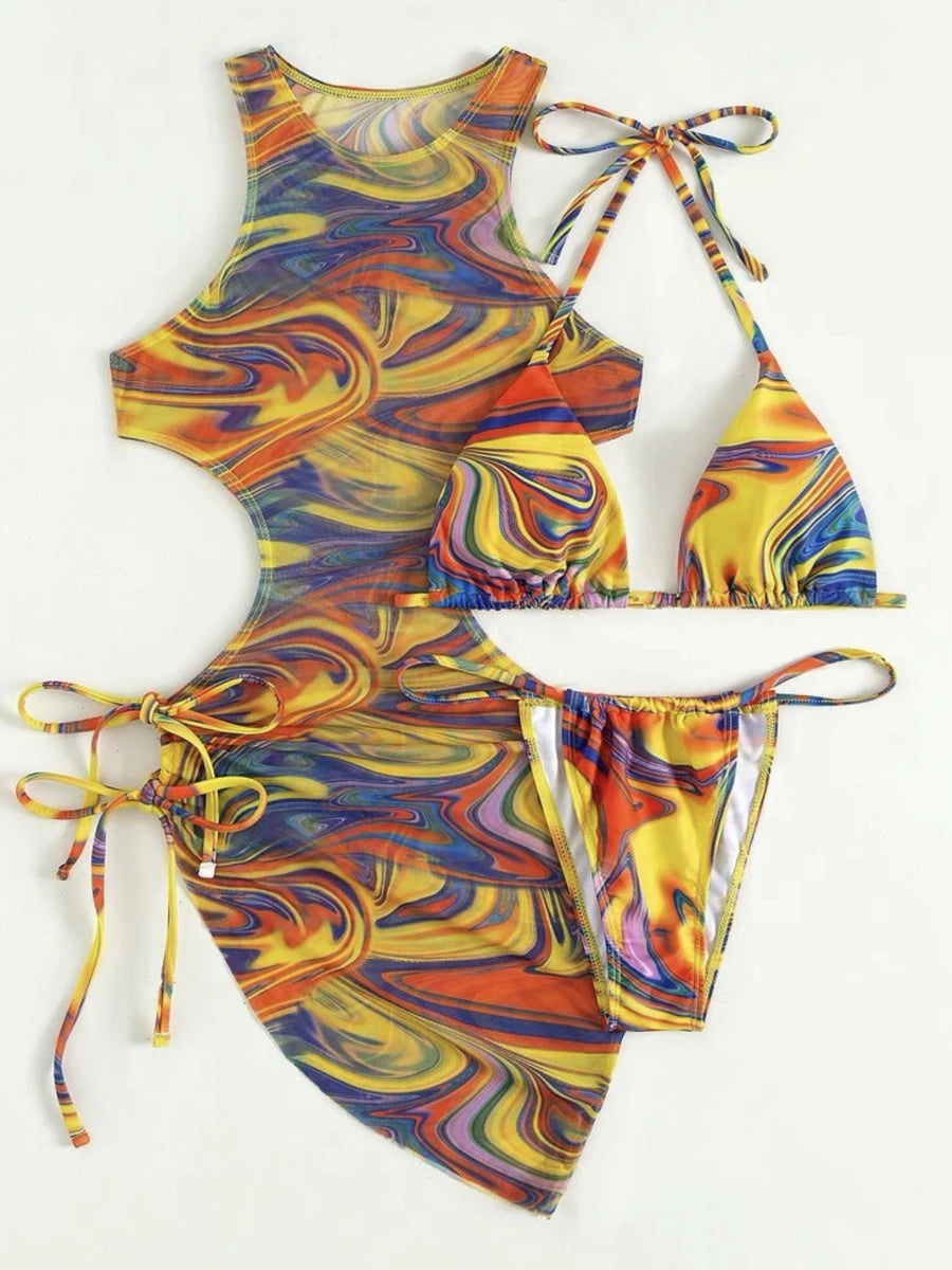 3 Piece Print Halter Triangle Bikini Sets Women Cover Up Swimwear Summer Swimsuit Female Bathing Swimming Suit Beachwear