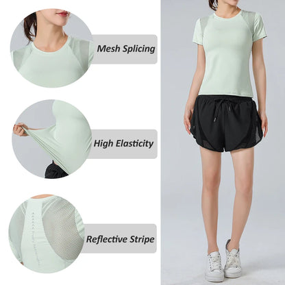 Reflective Printed Yoga Tops Women's Mesh Splicing Crew Neck High Elasticity Breathable Fitness Pilates Exercise Shirts